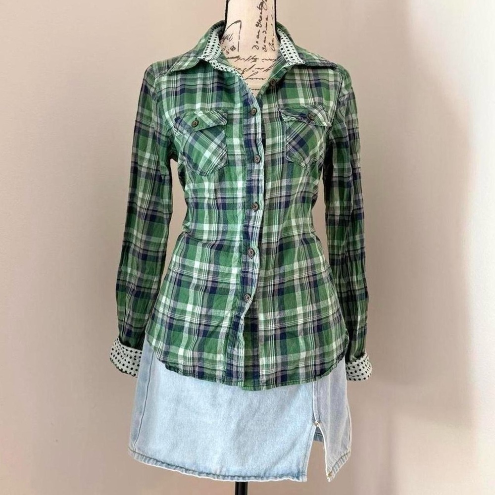 y2k green plaid button up